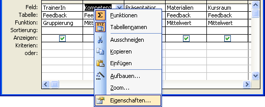 Feldeigenschaften über das Kontextmenü aufrufen