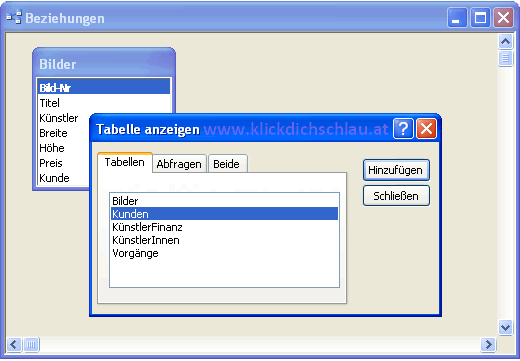 Beziehungsfenster Tabellen hinzufügen
