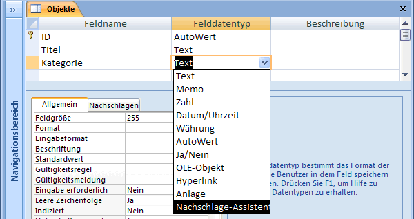 Tabellenentwurf: Feld Kategorie - Nachschlageassistent wählen