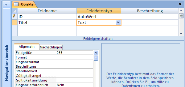 Tabellenentwurf Textfeld