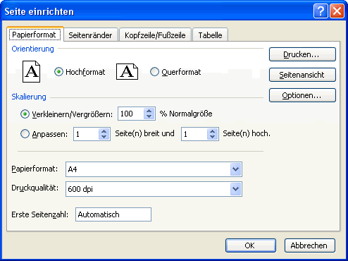 Dialogfenster Seite einrichten