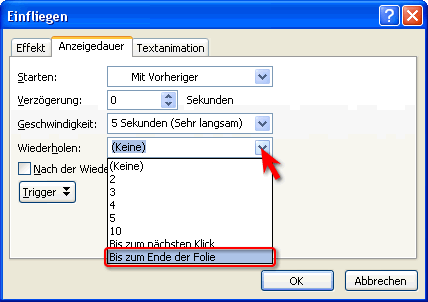 Dialogfenster Effektoptionen - Register Anzeigedauer