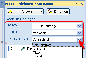 Effektoptionen - mit Vorheriger - von oben - sehr langsam