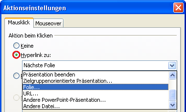 Dialogfenster Aktionseinstellungen