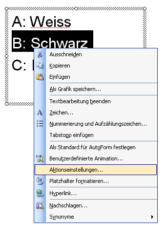 Zu den Aktionseinstellungen über das Kontextmenü