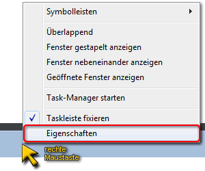 Befehl Eigenschaften im Kontextmen� der Taskleiste