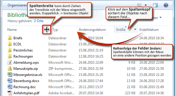 Funktionen der Spaltenk�pfe in der Detailansicht