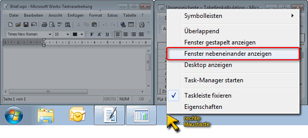 Kontextmen� Taskleiste - Fenster nebeneinander