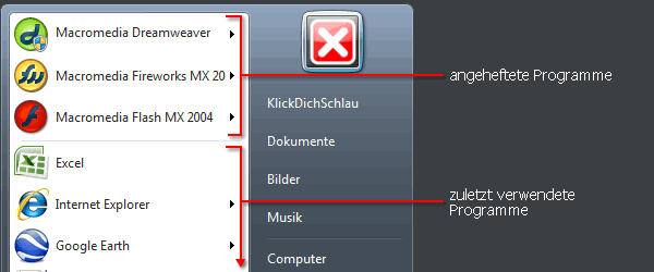 Startmen� mit angehefteten Programmen