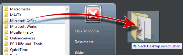 Windows 7 Startmen� - Ordner auf Desktop ziehen