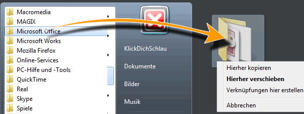 Windows 7 Startmen� - Ordner auf Desktop ziehen