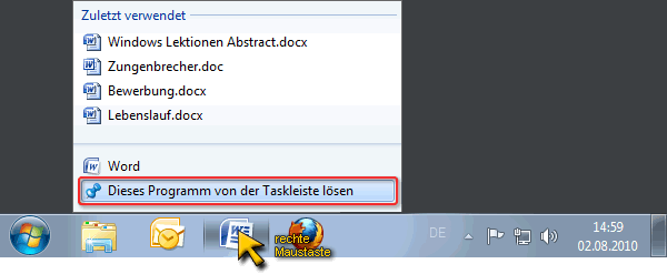 Programm von der Taskleiste l�sen