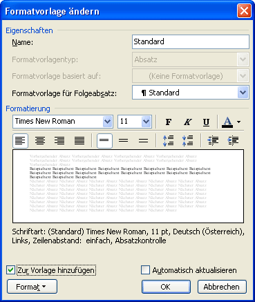 Formatvorlage �ndern Dialogfenster