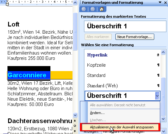 Formatvorlage Aktualisieren