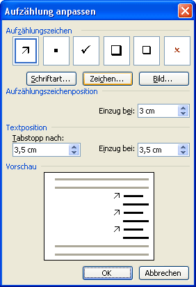 Einstellungen im Dialog Aufzählungszeichen anpassen