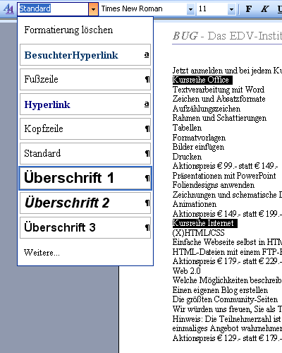 So wird die Formatvorlage Überschrift 1 zugewiesen.