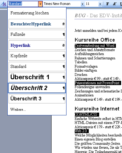 So wird die Formatvorlage &Uuml;berschrift 2 zugewiesen.