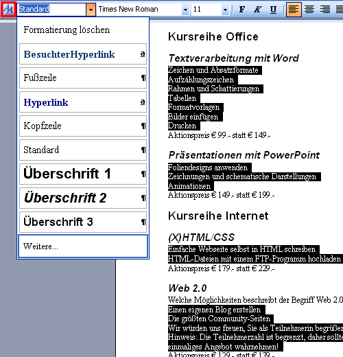 Die Formatvorlage Aufzählungszeichen befindet sich nicht in der Liste.