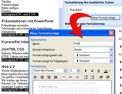 Neu Formatvorlage für die Preisangaben erstellen