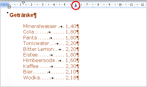 Tabstopp rechtsbündig bei 6cm