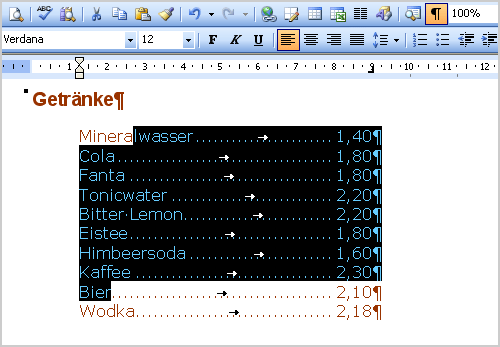 Tabstopps mit dem Formatpinsel übertragen