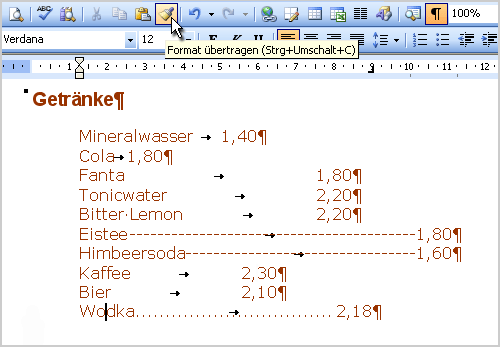 Absätze mit unterschiedlichen Tabstopps