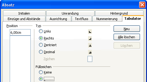 Writer: Register Tabulator im Dialogfenster Absatz
