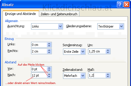 Dialogfenster Absatz in Word