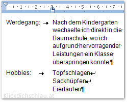 hängender Einzug bei Aufzählungen - hier ein Lebenslauf